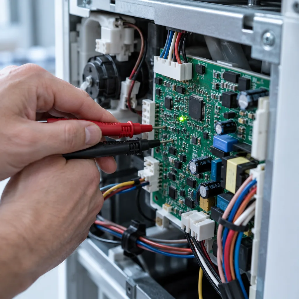 Mani di un tecnico che misurano con il tester la scheda elettronica di un elettrodomestico aperto