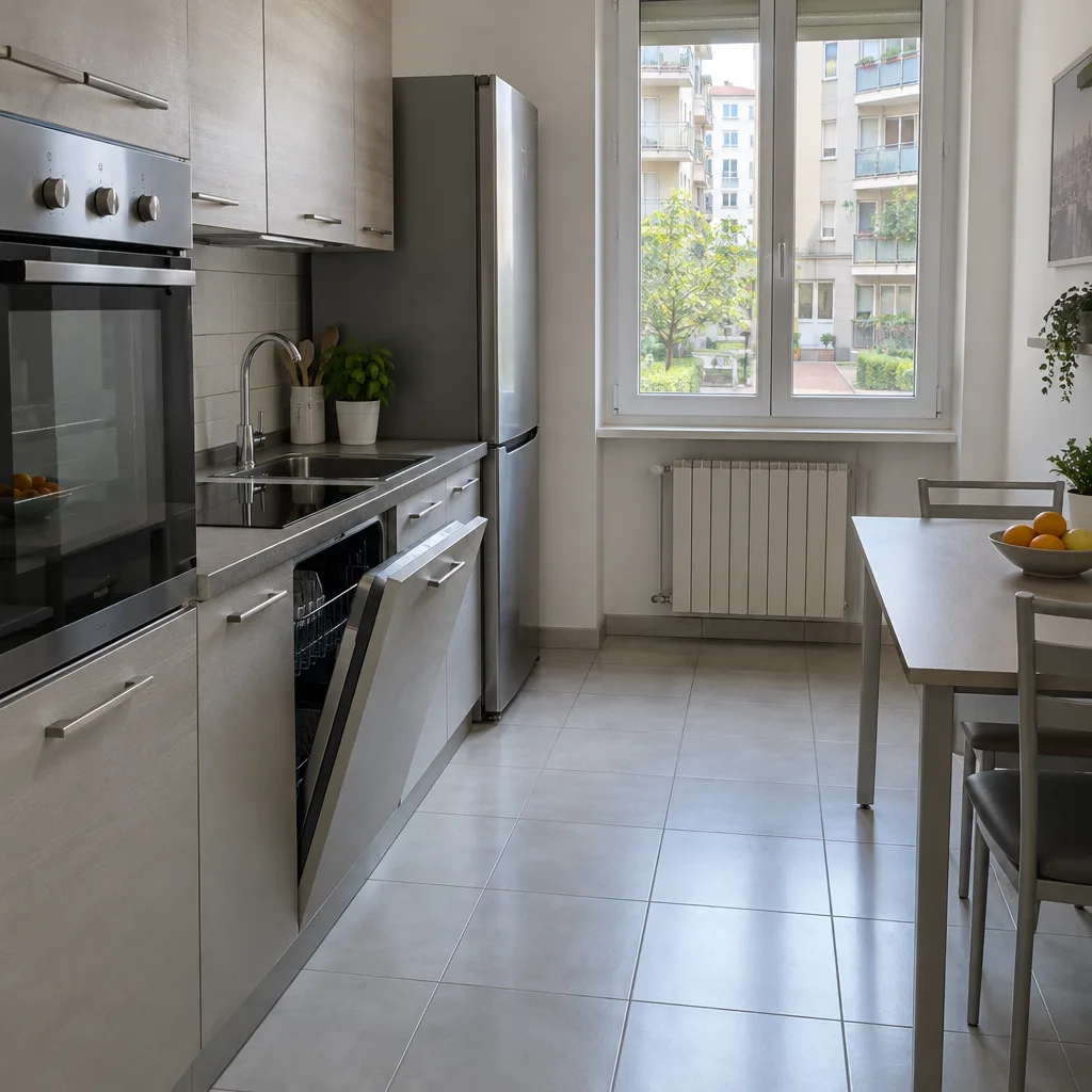 Cucina di un appartamento con forno da incasso, lavastoviglie aperta e frigorifero, finestra su un cortile condominiale